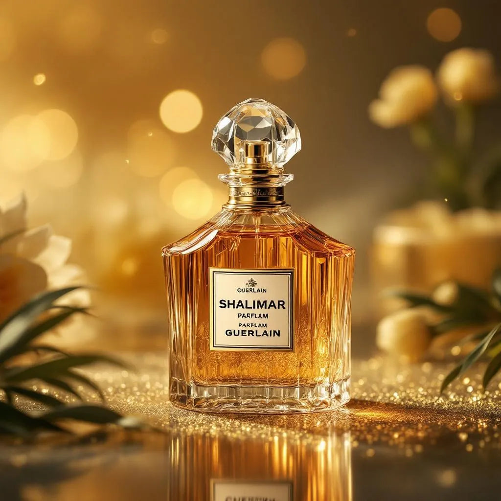 Flacon Shalimar Guerlain art déco sur fond ambré