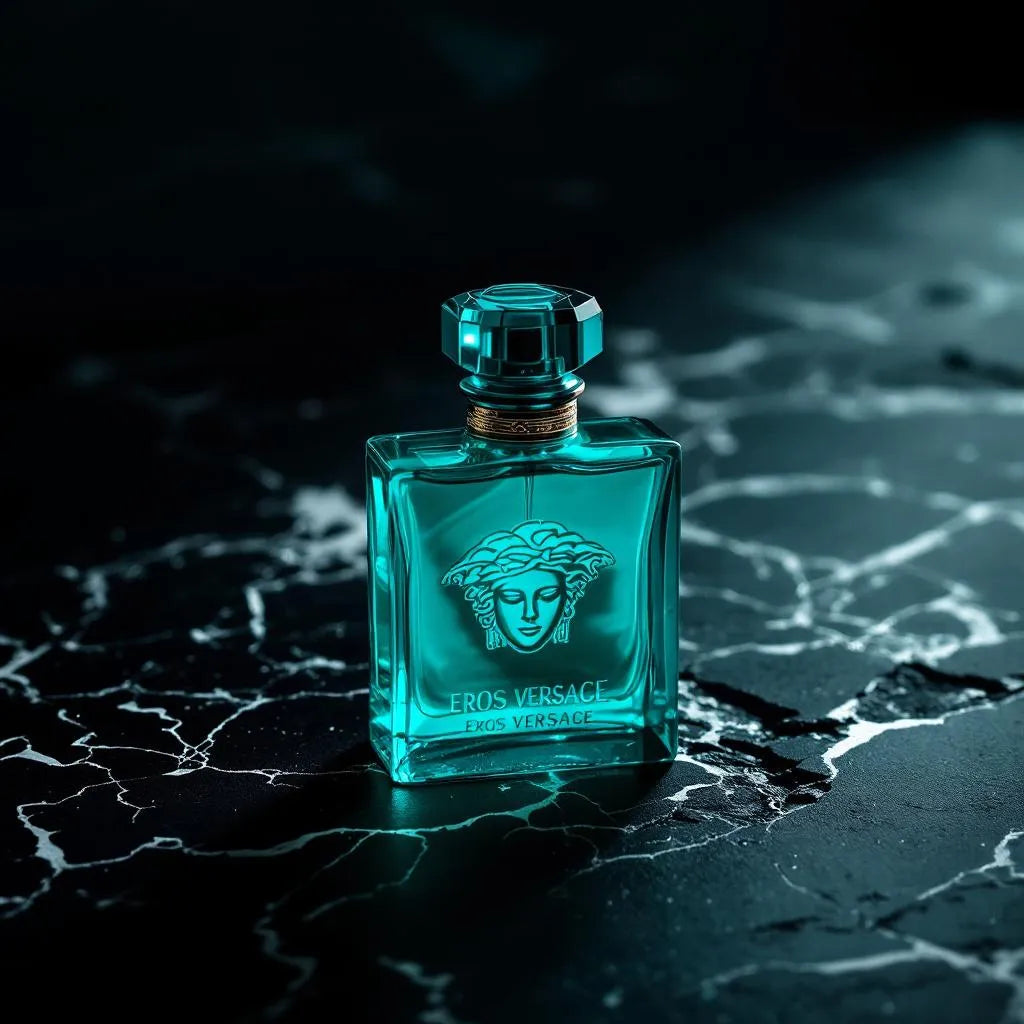 Parfum Eros de Versace - flacon turquoise iconique, sillage puissant, menthe et vanille
