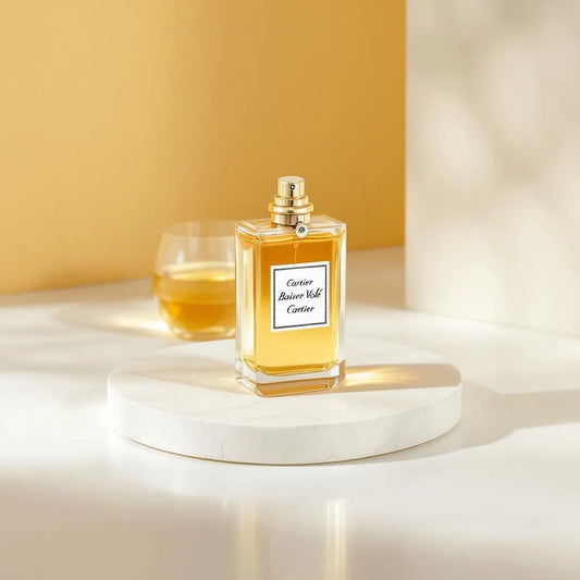 Parfum Baiser Volé de Cartier - lys blanc poudré, flacon verre épuré et bouchon doré