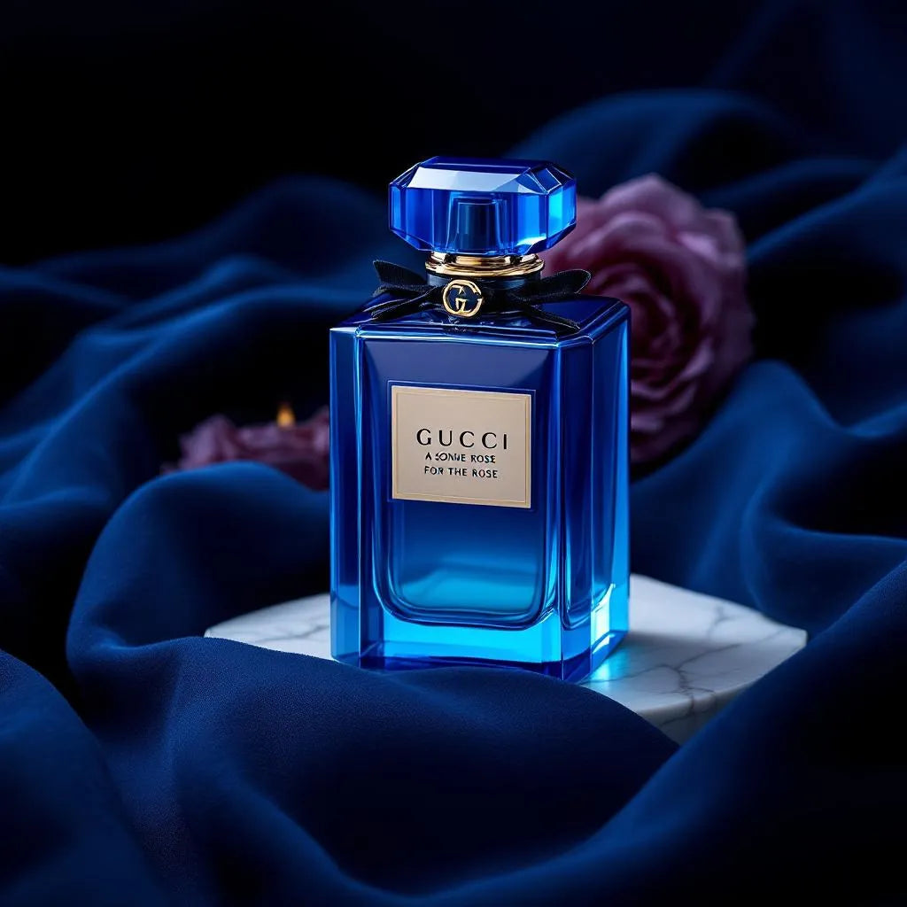 Parfum A Song for the Rose de Gucci - flacon apothicaire bleu et finitions dorées