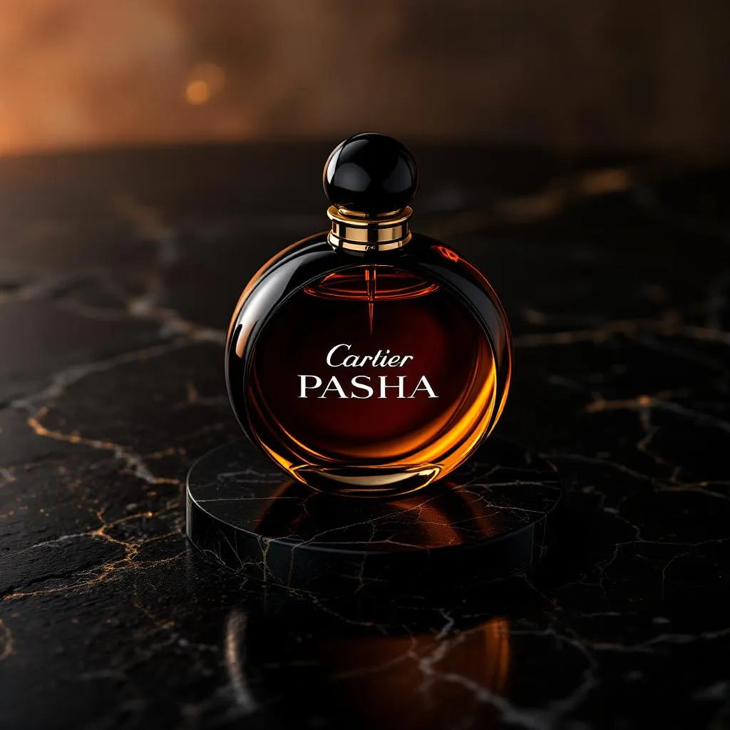 Parfum Pasha de Cartier - fougère aromatique boisée, flacon cabochon saphir