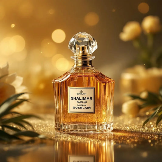 Flacon Shalimar Guerlain art déco sur fond ambré