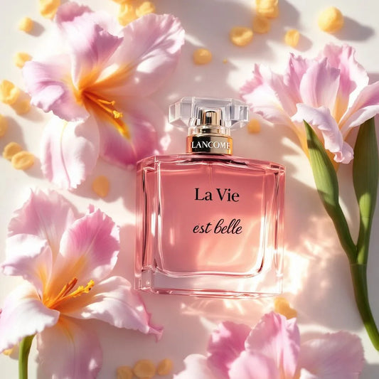 Flacon La Vie Est Belle Lancôme entouré d'iris et vanille