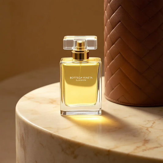 Parfum Illusione de Bottega Veneta - boisé-citronné, flacon épuré capot cuir