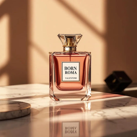 Parfum Born in Roma de Valentino - flacon pyramide Rockstud, verre facetté, liquide vanillé rosé