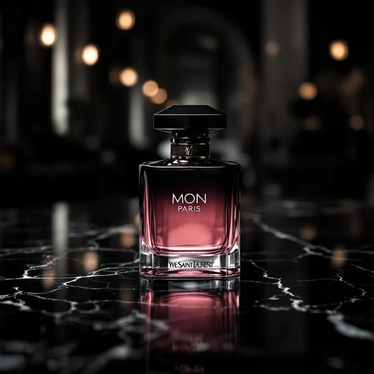 Parfum Mon Paris de Yves Saint Laurent - flacon facetté au ruban noir, jus rose, sillage et projection fruité-florales