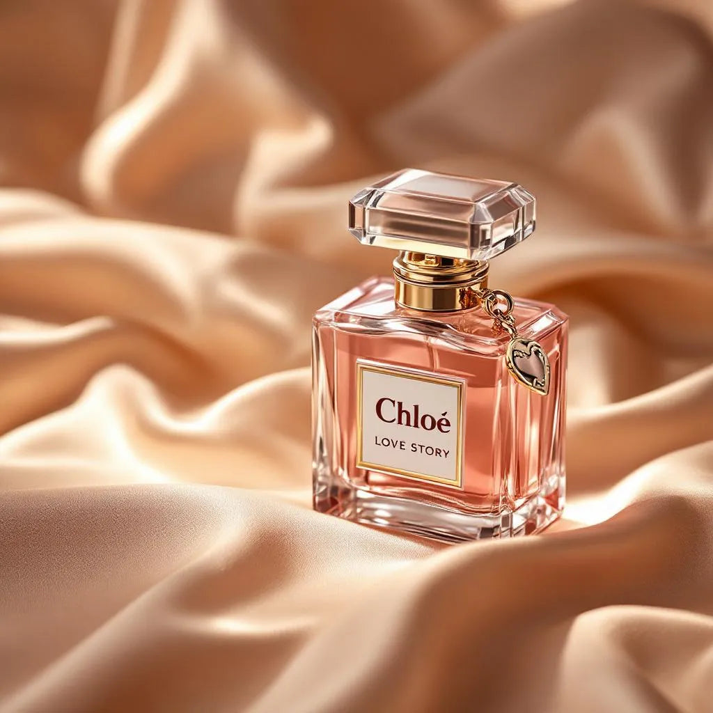 Parfum Love Story de Chloé - flacon cadenas facetté, liquide rose, symbole romantique